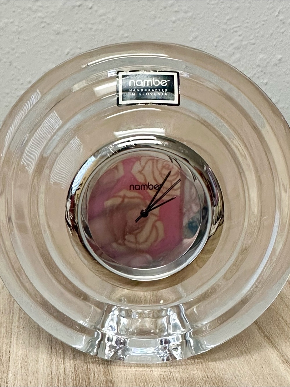 Elegant Nambe Circa Crystal Glass Clock No Numerals Needs Battery. 4"Diameter